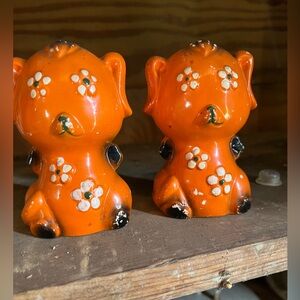 Orange Floral Ceramic Dog Figurine Salt & Pepper Shakers - Vintage Style